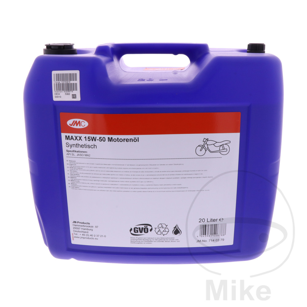ENGINE OIL 15W50 4-STROKE 20L JMC MAXX SYNTHETIC NextPart.dk Reservedele Motorcykler touring Sport Racing Atv Oliefilter Luftfilter Bremseklodser Bremseskive Tændrør Kædekit Dæk ENGINE OIL 15W50 4-STROKE 20L JMC MAXX SYNTHETIC