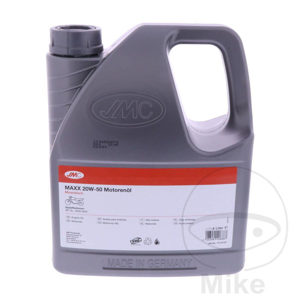 ENGINE OIL 20W50 4-STROKE 4L JMC MAXX MINERAL ALTN 7140405 NextPart.dk Reservedele Motorcykler touring Sport Racing Atv Oliefilter Luftfilter Bremseklodser Bremseskive Tændrør Kædekit Dæk ENGINE OIL 20W50 4-STROKE 4L JMC MAXX MINERAL ALTN 7140405