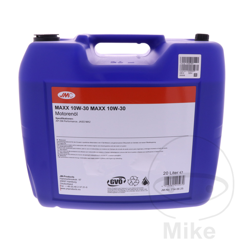 ENGINE OIL 10W30 4-STROKE 20L JMC MAXX SYNTHETIC NextPart.dk Reservedele Motorcykler touring Sport Racing Atv Oliefilter Luftfilter Bremseklodser Bremseskive Tændrør Kædekit Dæk ENGINE OIL 10W30 4-STROKE 20L JMC MAXX SYNTHETIC