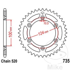 Bagtandhjul 36 T, størrelse 520 INNER DIAMETER 100 BOLT SPACING 124