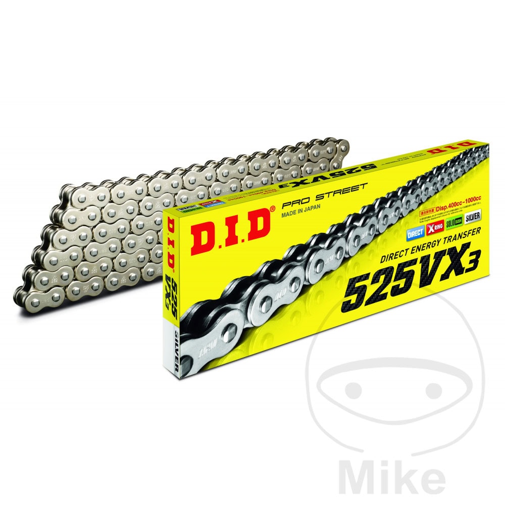 DID X-RING CHAIN SILVER/SILVER 525VX3/112 OPEN CHAIN WITH RIVET LINK NextPart.dk Reservedele Motorcykler touring Sport Racing Atv Oliefilter Luftfilter Bremseklodser Bremseskive Tændrør Kædekit Dæk DID X-RING CHAIN SILVER/SILVER 525VX3/112 OPEN CHAIN WITH RIVET LINK